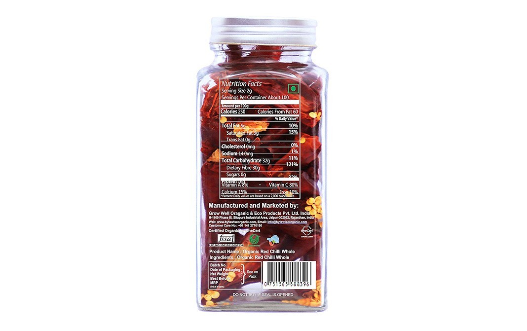 Bytewise Organic Red Chillies Whole    Bottle  100 grams
